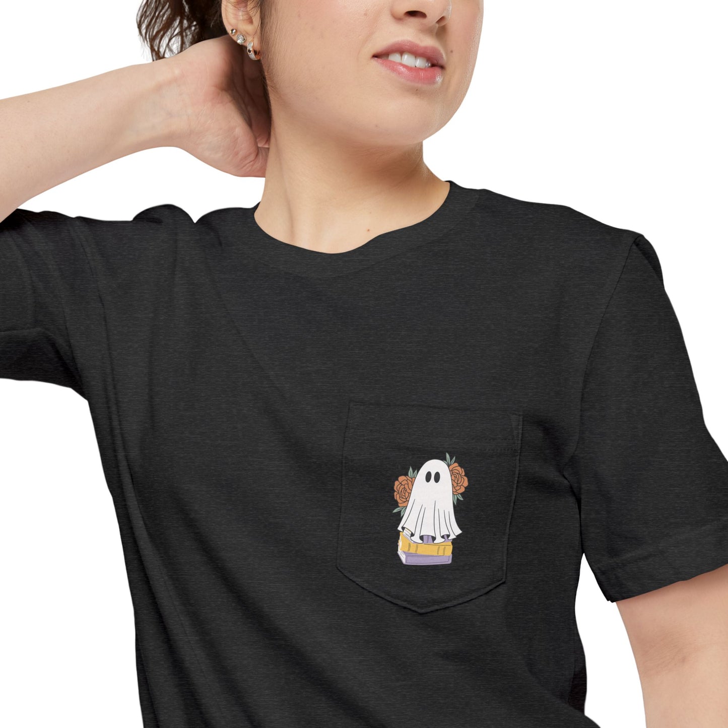 Cute Ghost Reading With Flowers Pocket T-shirt